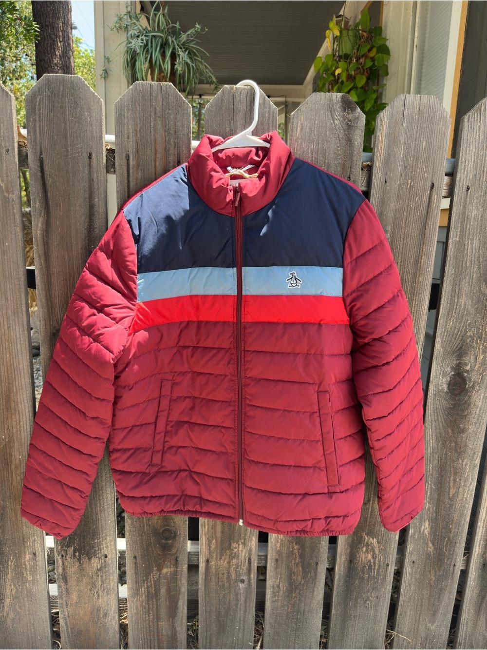 Original Penguin Quilted PufferJacket in Burgundy with Navy & Light Blue Accents